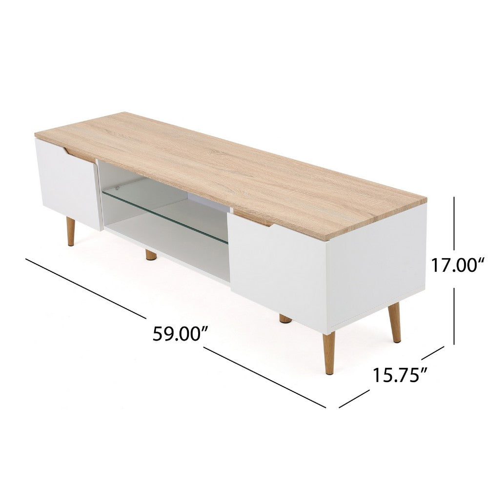 Xyna TV Stand Media Cabinet, 2 Doors, Tempered Glass, White, Oak Brown -BM337056
