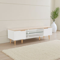 Xyna TV Stand Media Cabinet, 2 Doors, Tempered Glass, White, Oak Brown -BM337056