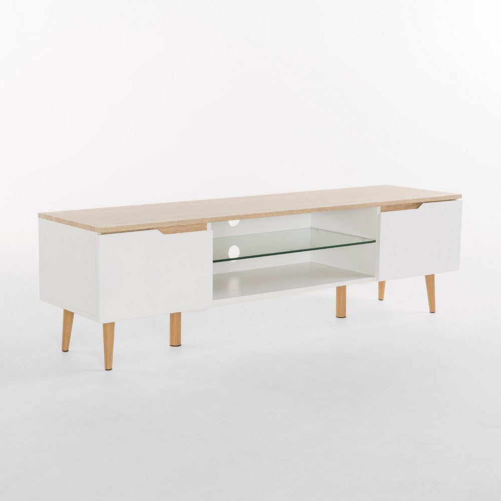 Xyna TV Stand Media Cabinet, 2 Doors, Tempered Glass, White, Oak Brown -BM337056