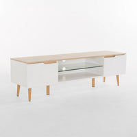 Xyna TV Stand Media Cabinet, 2 Doors, Tempered Glass, White, Oak Brown -BM337056