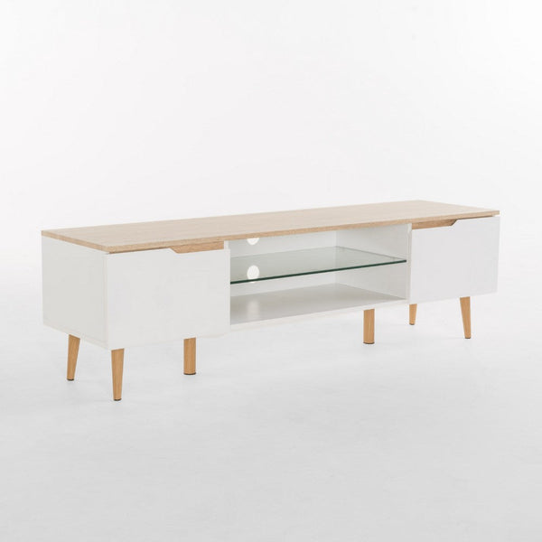 Xyna TV Stand Media Cabinet, 2 Doors, Tempered Glass, White, Oak Brown -BM337056