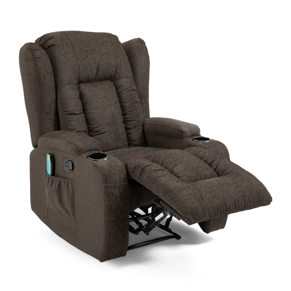 Eriya Manual Recliner Chair with Massage and Heat, Cupholder, Brown -BM337057