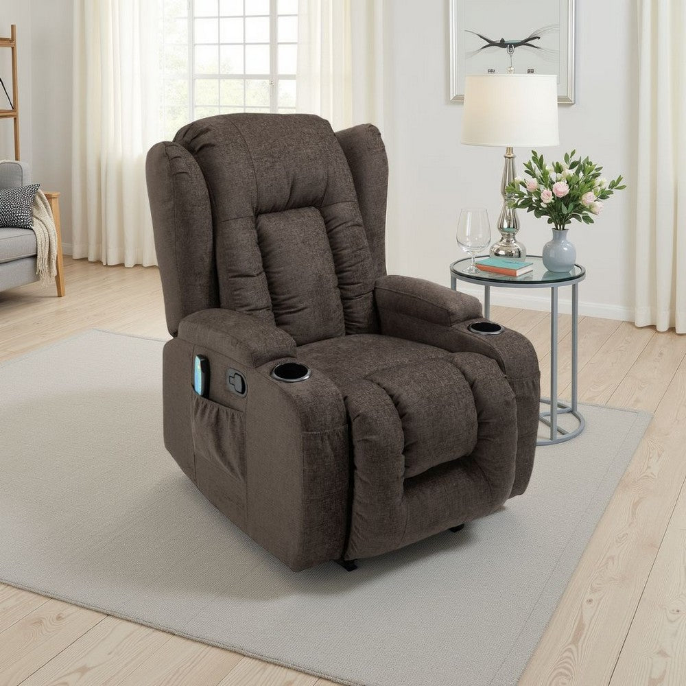 Eriya Manual Recliner Chair with Massage and Heat, Cupholder, Brown -BM337057