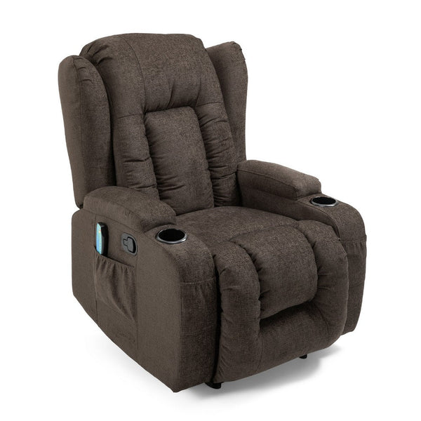 Eriya Manual Recliner Chair with Massage and Heat, Cupholder, Brown -BM337057
