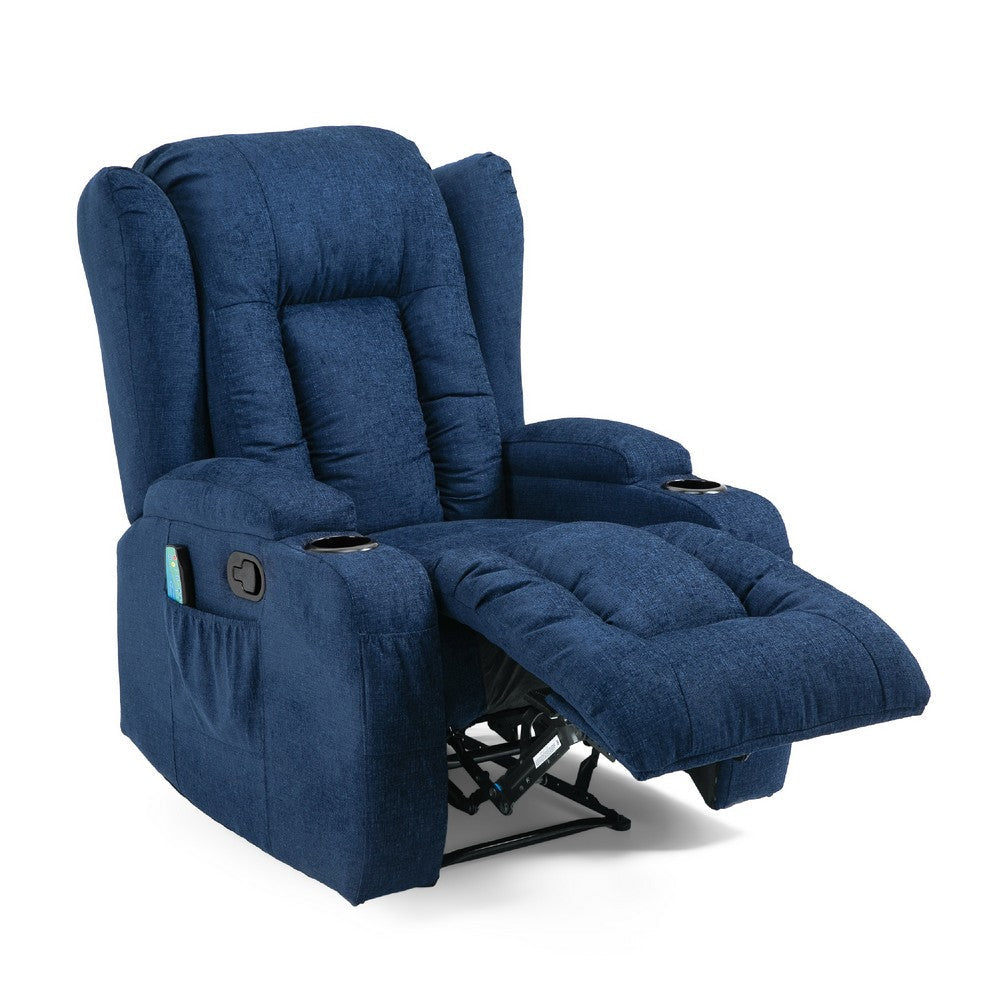 Eriya Manual Recliner Chair with Massage and Heat, Cupholder, Blue -BM337058