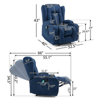 Eriya Manual Recliner Chair with Massage and Heat, Cupholder, Blue -BM337058
