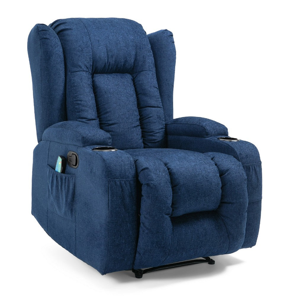 Eriya Manual Recliner Chair with Massage and Heat, Cupholder, Blue -BM337058