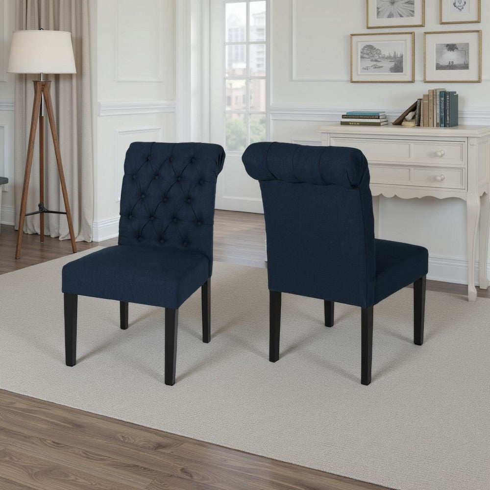 Mein Dining Chair Set of 2, Rolled Top Button Tufted, Blue Polyester -BM337059