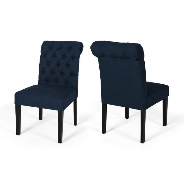 Mein Dining Chair Set of 2, Rolled Top Button Tufted, Blue Polyester -BM337059