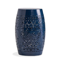 Glena Side End Table, Barrel Shape Lace Cut Design, Blue Iron 12 Inch -BM337062