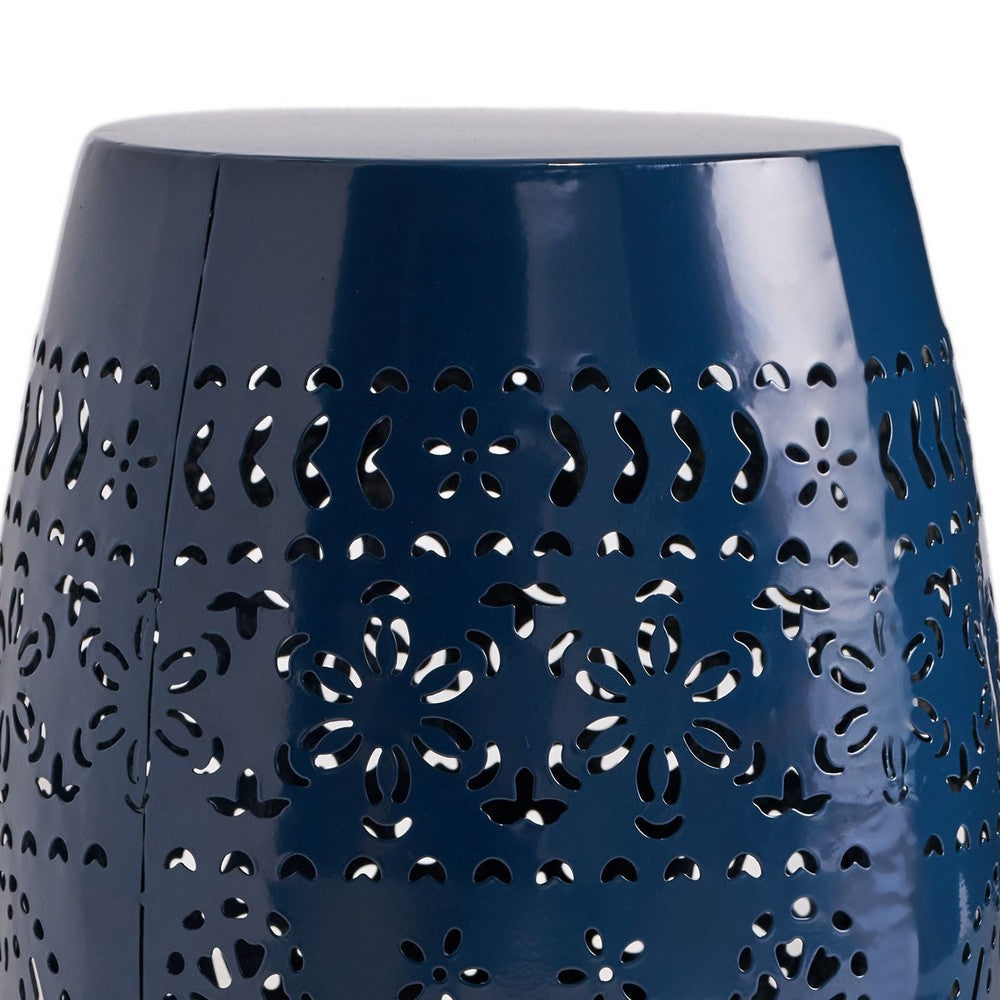 Glena Side End Table, Barrel Shape Lace Cut Design, Blue Iron 12 Inch -BM337062