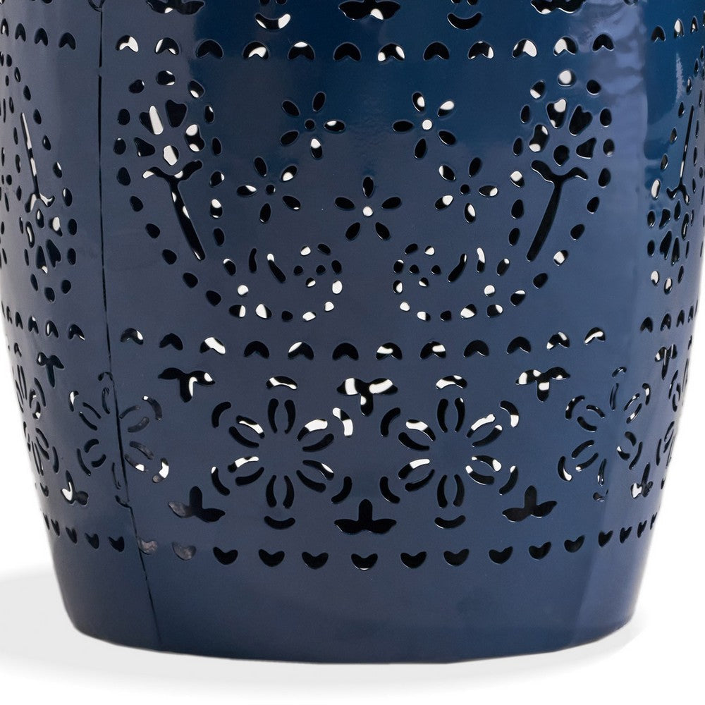 Glena Side End Table, Barrel Shape Lace Cut Design, Blue Iron 12 Inch -BM337062