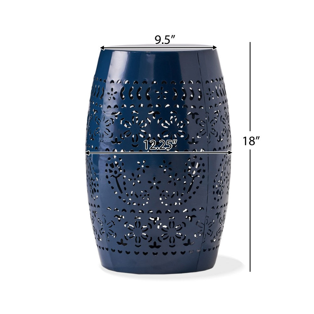 Glena Side End Table, Barrel Shape Lace Cut Design, Blue Iron 12 Inch -BM337062