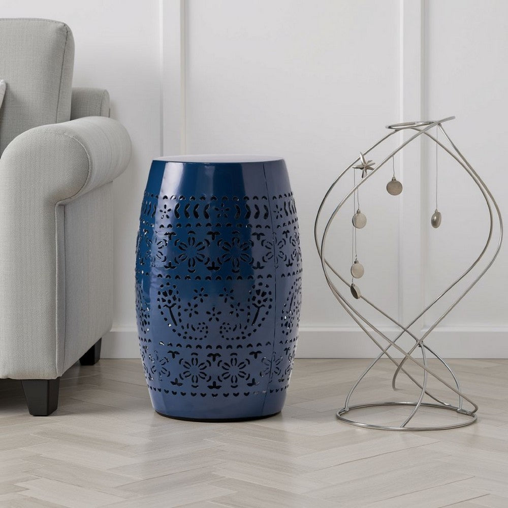 Glena Side End Table, Barrel Shape Lace Cut Design, Blue Iron 12 Inch -BM337062