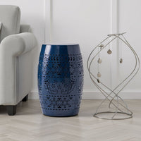 Glena Side End Table, Barrel Shape Lace Cut Design, Blue Iron 12 Inch -BM337062