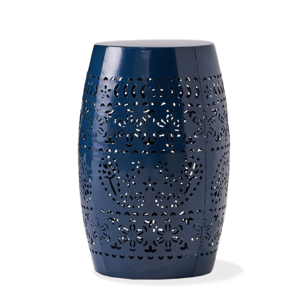 Glena Side End Table, Barrel Shape Lace Cut Design, Blue Iron 12 Inch -BM337062