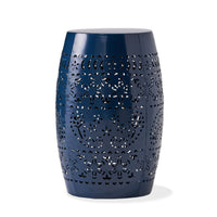 Glena Side End Table, Barrel Shape Lace Cut Design, Blue Iron 12 Inch -BM337062