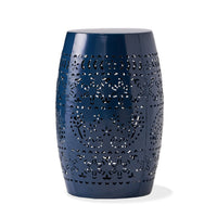 Glena Side End Table, Barrel Shape Lace Cut Design, Blue Iron 12 Inch -BM337062