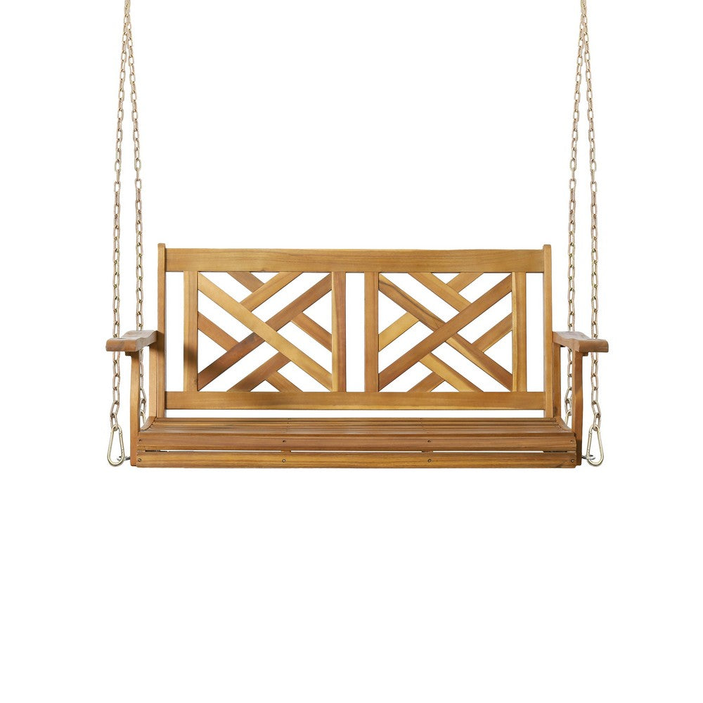 Annah Porch Swing Bench w Chains, Herringbone Teak Brown Acacia Wood -BM337065
