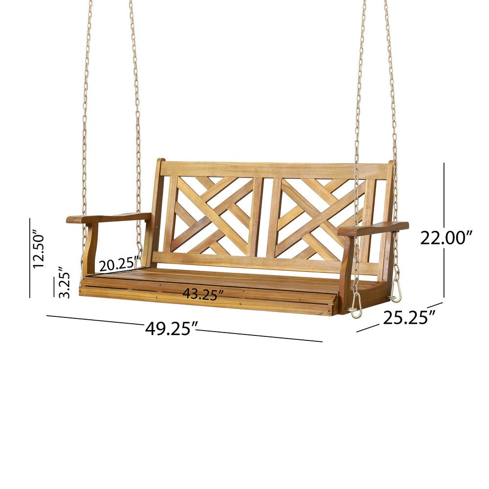 Annah Porch Swing Bench w Chains, Herringbone Teak Brown Acacia Wood -BM337065
