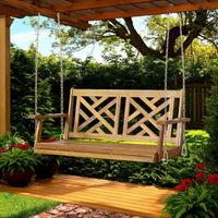 Annah Porch Swing Bench w Chains, Herringbone Teak Brown Acacia Wood -BM337065