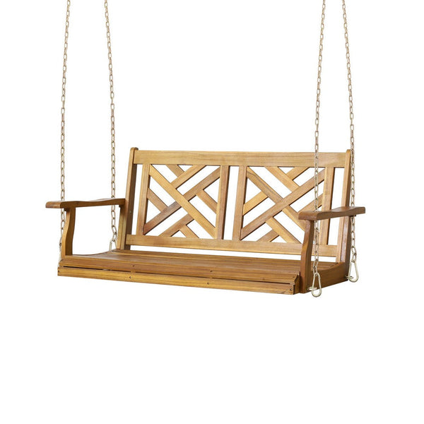 Annah Porch Swing Bench w Chains, Herringbone Teak Brown Acacia Wood -BM337065