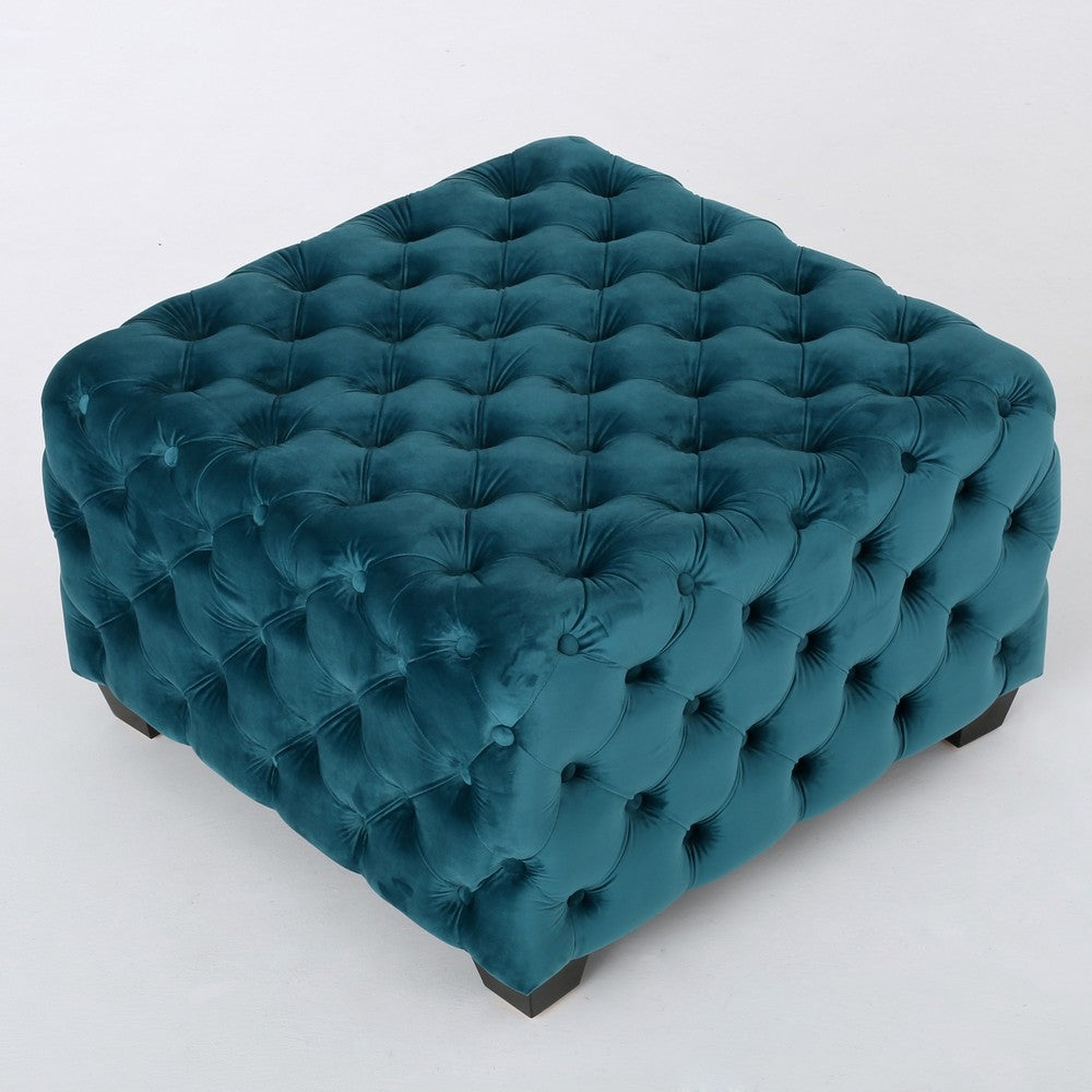 Laie Ottoman, Diamond Stitch Button Tufted Teal Blue Velvet 29 Inch -BM337066