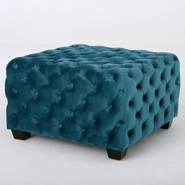 Laie Ottoman, Diamond Stitch Button Tufted Teal Blue Velvet 29 Inch -BM337066