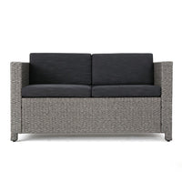 Perie Outdoor Loveseat, Patio Gray Faux Rattan, Black Polyester -BM337071