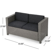 Perie Outdoor Loveseat, Patio Gray Faux Rattan, Black Polyester -BM337071