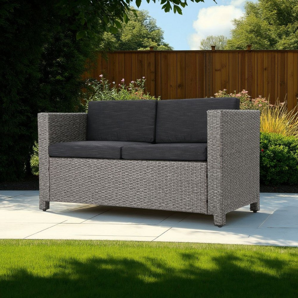 Perie Outdoor Loveseat, Patio Gray Faux Rattan, Black Polyester -BM337071