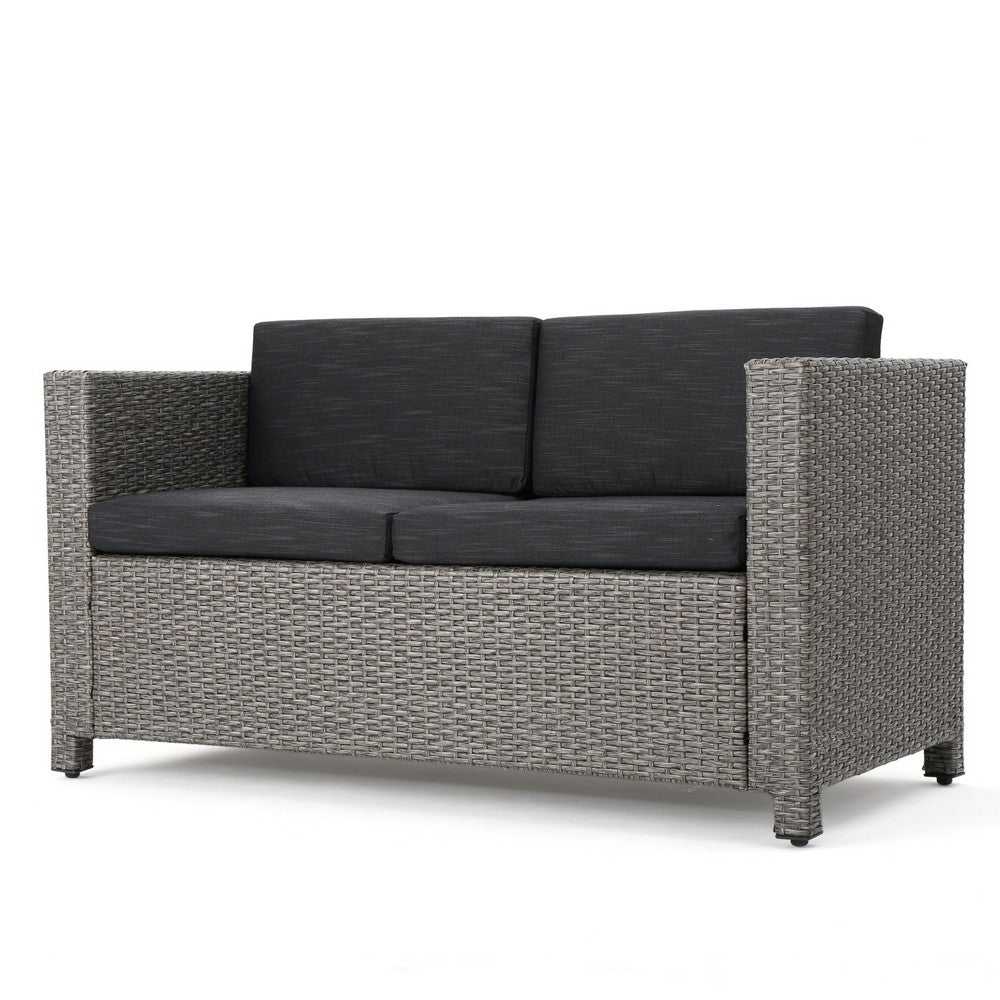 Perie Outdoor Loveseat, Patio Gray Faux Rattan, Black Polyester -BM337071