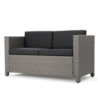 Perie Outdoor Loveseat, Patio Gray Faux Rattan, Black Polyester -BM337071