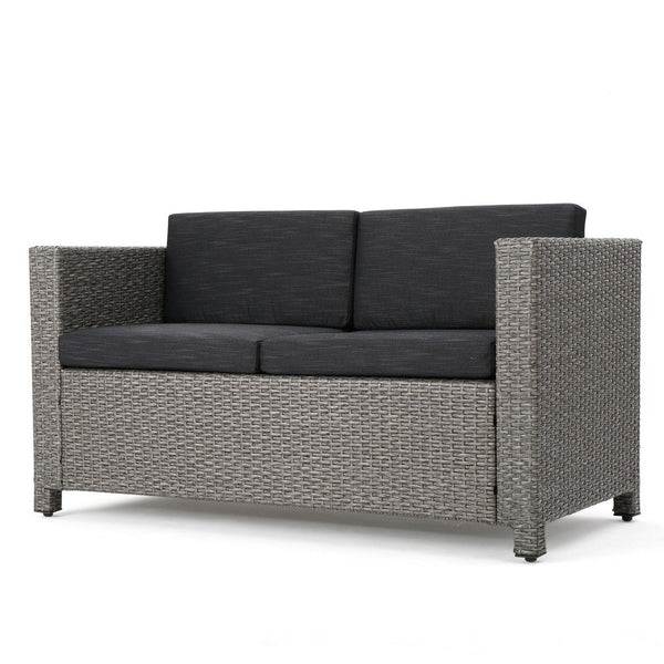 Perie Outdoor Loveseat, Patio Gray Faux Rattan, Black Polyester -BM337071