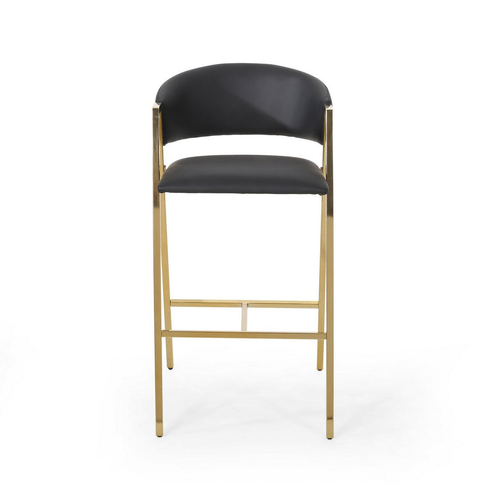 Bilie Barstool Chair Set of 2, Nailhead Trim, Gold, Black Faux Leather -BM337074