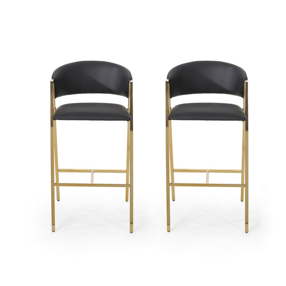 Bilie Barstool Chair Set of 2, Nailhead Trim, Gold, Black Faux Leather -BM337074
