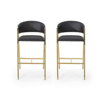 Bilie Barstool Chair Set of 2, Nailhead Trim, Gold, Black Faux Leather -BM337074