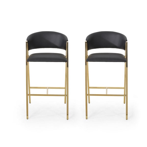 Bilie Barstool Chair Set of 2, Nailhead Trim, Gold, Black Faux Leather -BM337074