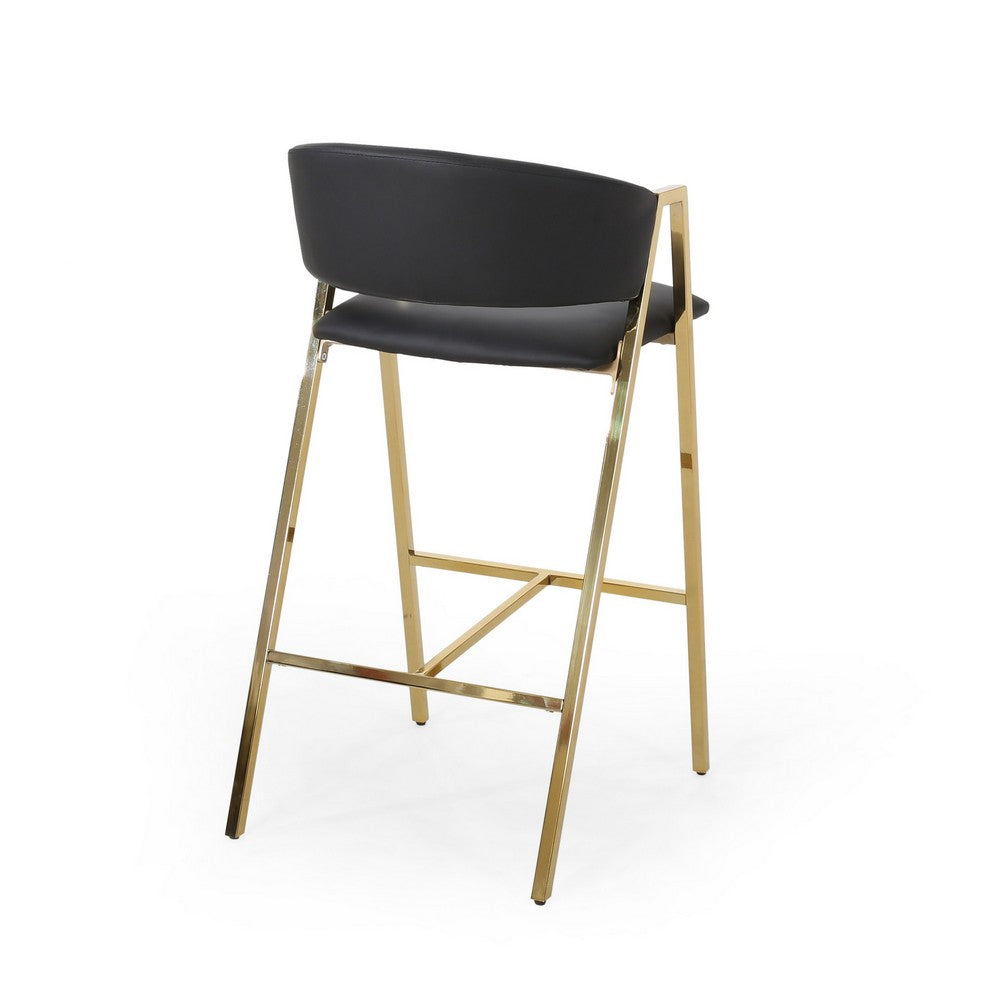 Bilie Barstool Chair Set of 2, Nailhead Trim, Gold, Black Faux Leather -BM337074