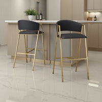 Bilie Barstool Chair Set of 2, Nailhead Trim, Gold, Black Faux Leather -BM337074
