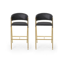 Bilie Barstool Chair Set of 2, Nailhead Trim, Gold, Black Faux Leather -BM337074