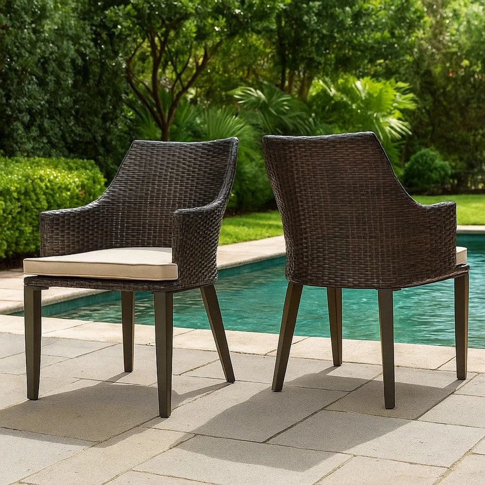 Ellish Outdoor Chair Set of 2, Metal Legs, Brown Rattan, Beige Fabric -BM337075