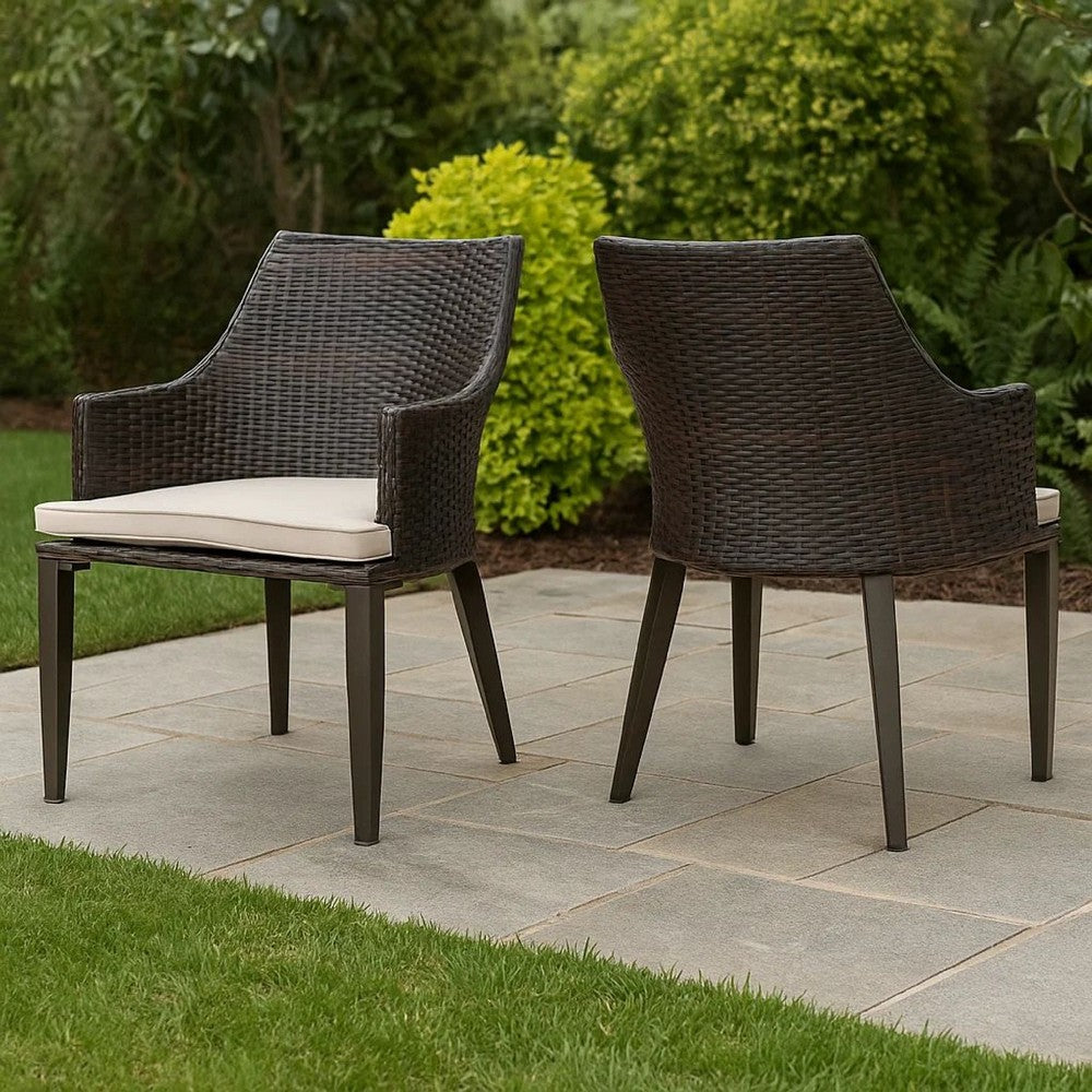 Ellish Outdoor Chair Set of 2, Metal Legs, Brown Rattan, Beige Fabric -BM337075