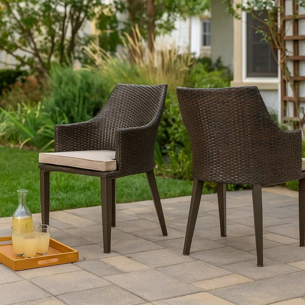 Ellish Outdoor Chair Set of 2, Metal Legs, Brown Rattan, Beige Fabric -BM337075