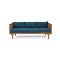Clara Outdoor 3 Seater Daybed Sofa, Slatted Teak Wood, Blue Fabric -BM337076