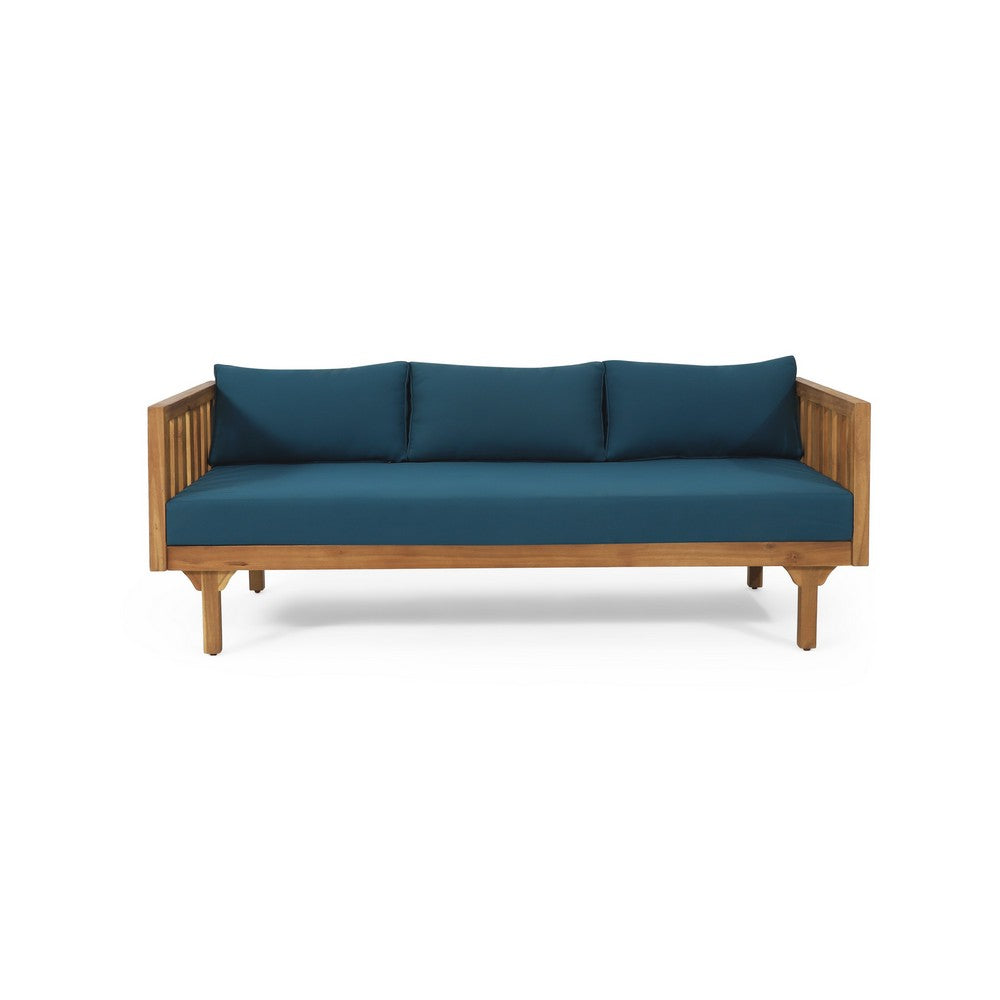 Clara Outdoor 3 Seater Daybed Sofa, Slatted Teak Wood, Blue Fabric -BM337076