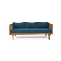 Clara Outdoor 3 Seater Daybed Sofa, Slatted Teak Wood, Blue Fabric -BM337076