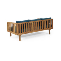 Clara Outdoor 3 Seater Daybed Sofa, Slatted Teak Wood, Blue Fabric -BM337076
