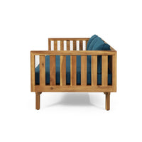 Clara Outdoor 3 Seater Daybed Sofa, Slatted Teak Wood, Blue Fabric -BM337076