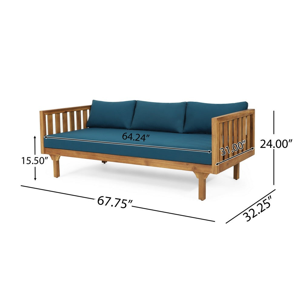 Clara Outdoor 3 Seater Daybed Sofa, Slatted Teak Wood, Blue Fabric -BM337076